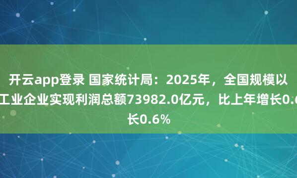 开云app登录 国家统计局：2025年，全国规模以上工业企业实现利润总额73982.0亿元，比上年增长0.6%